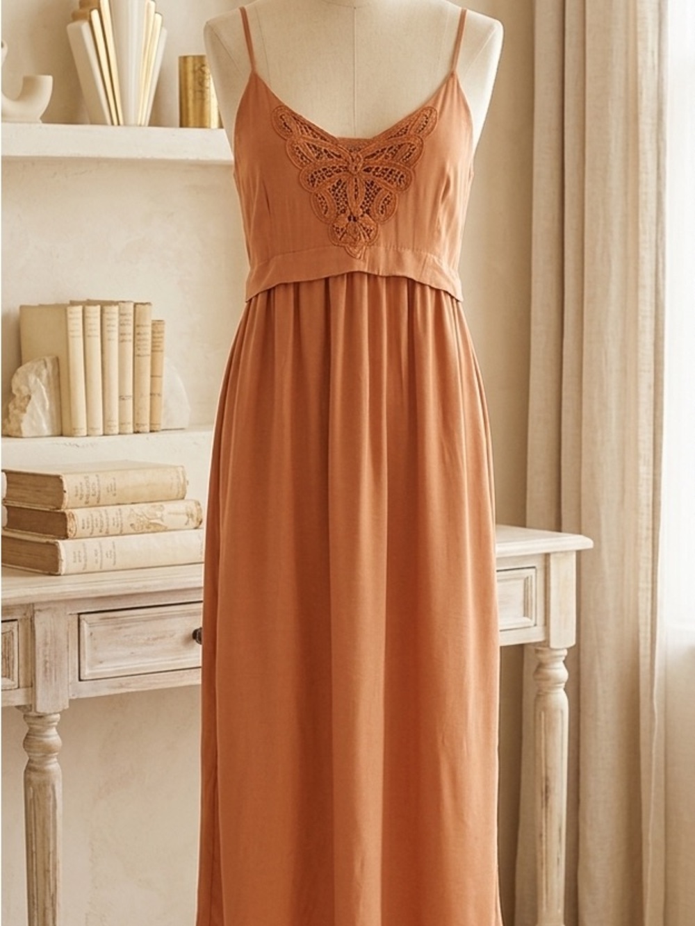 monk & lou| Cognac Crochet Spaghetti Strap Flowy Boho Light Maxi Dress Sz XS